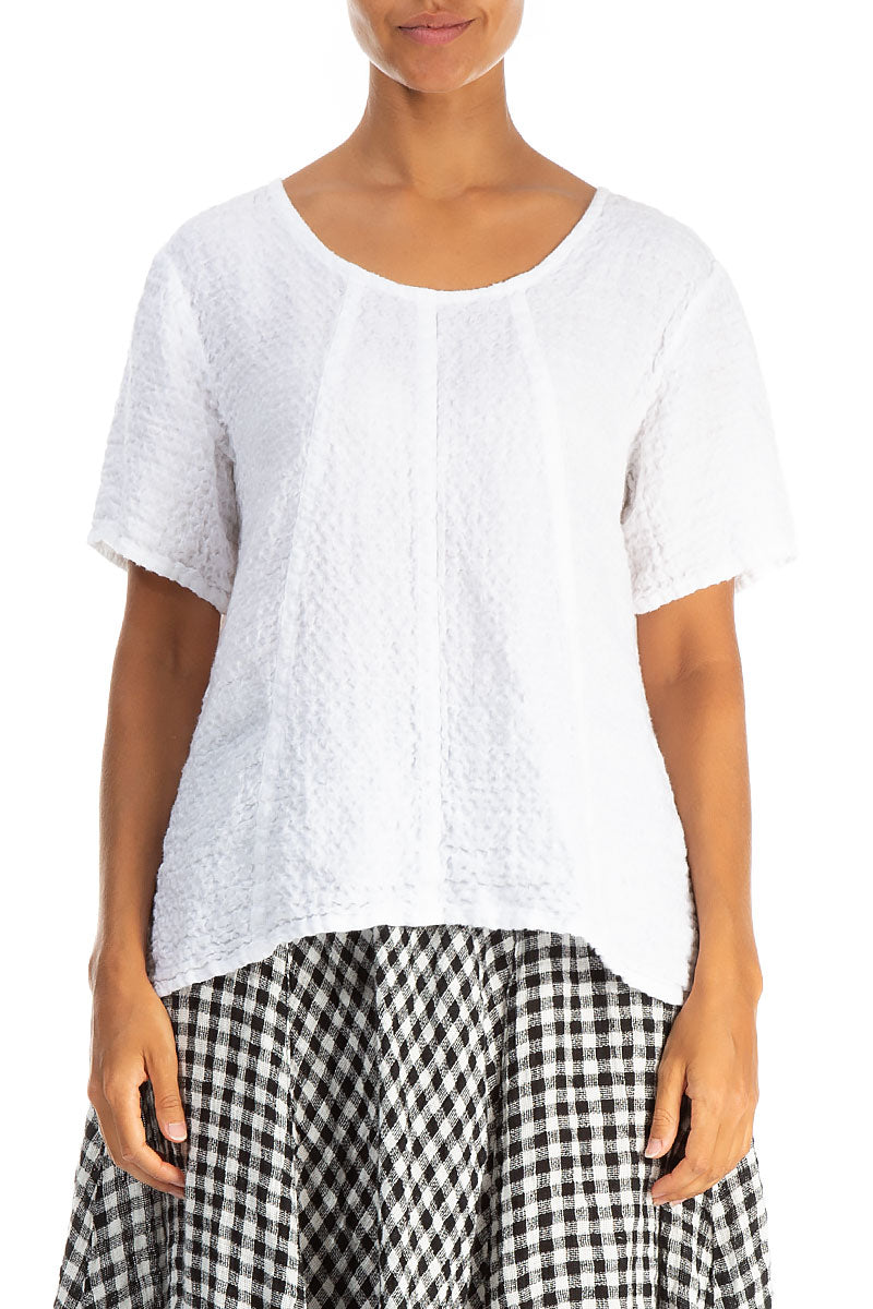 Short Sleeves Textured White Linen Blouse 1