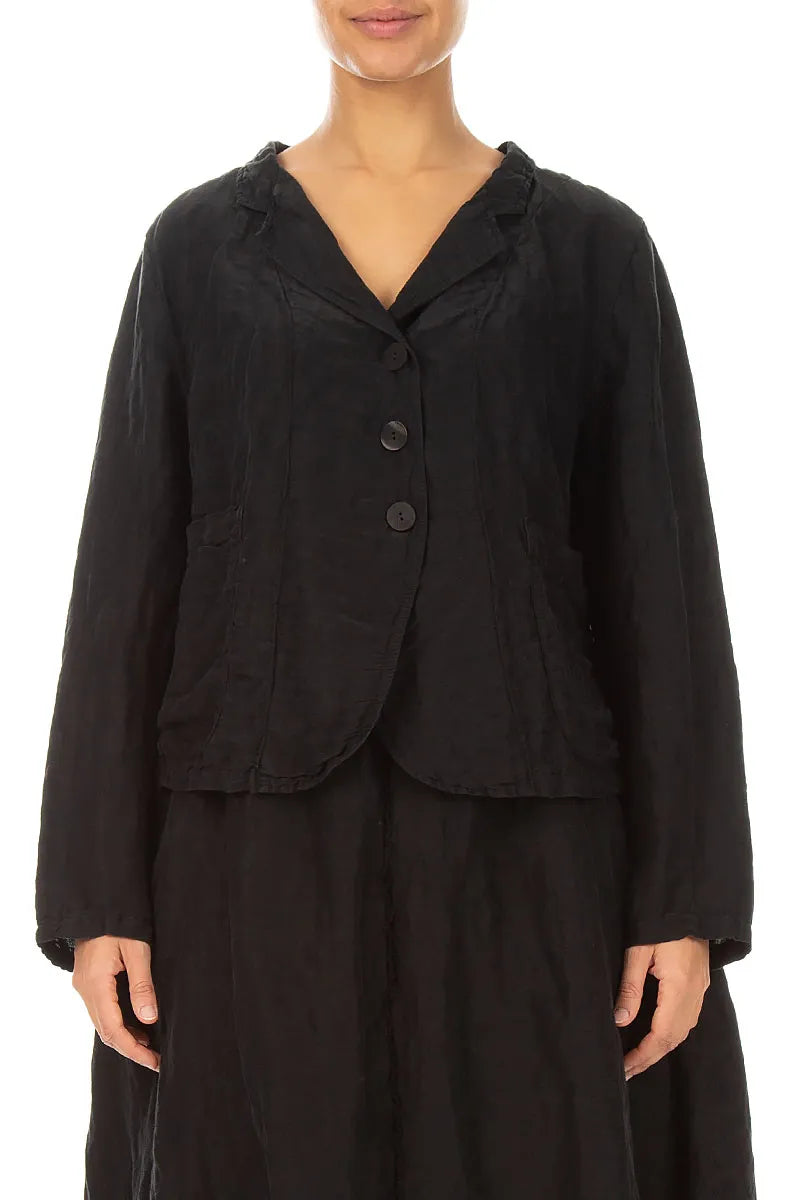 Short Textured Black Silk Linen Jacket 1
