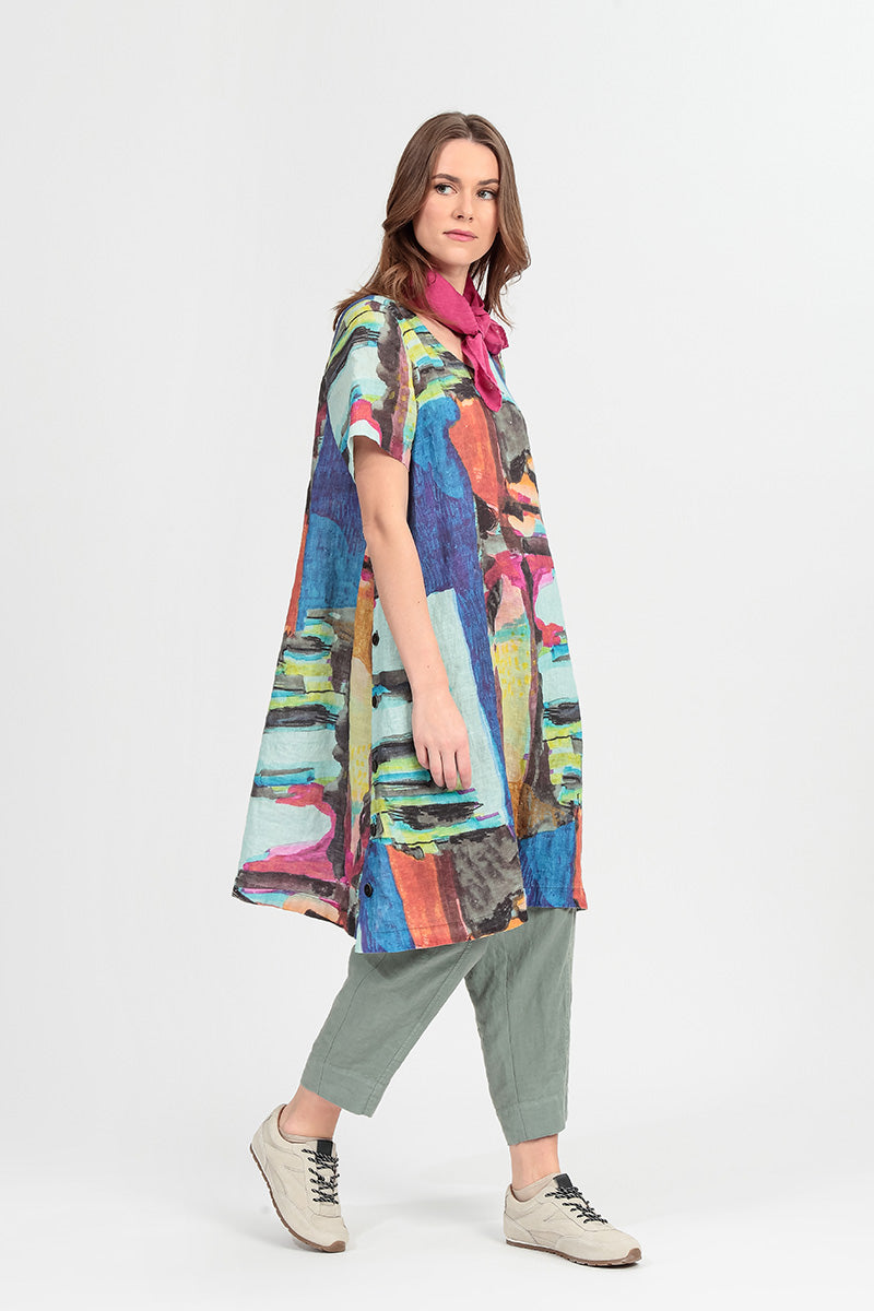 Side Buttons Abstract Linen Tunic 1