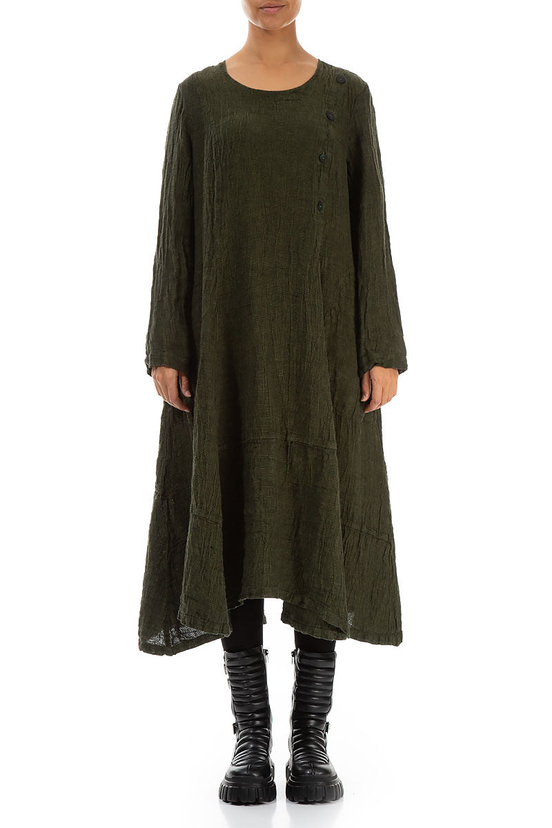 Side Buttons Olive Mélange Linen Dress 1