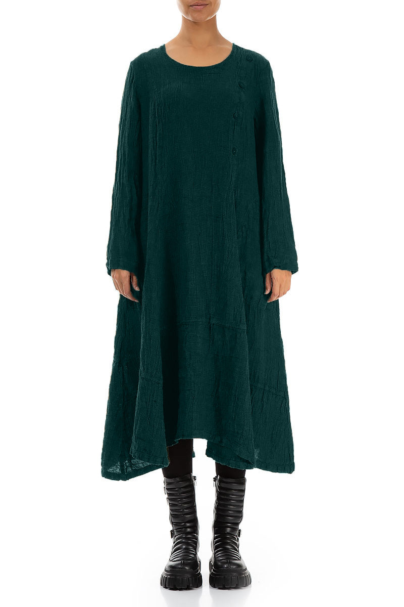 Side Buttons Peacock Mélange Linen Dress 1