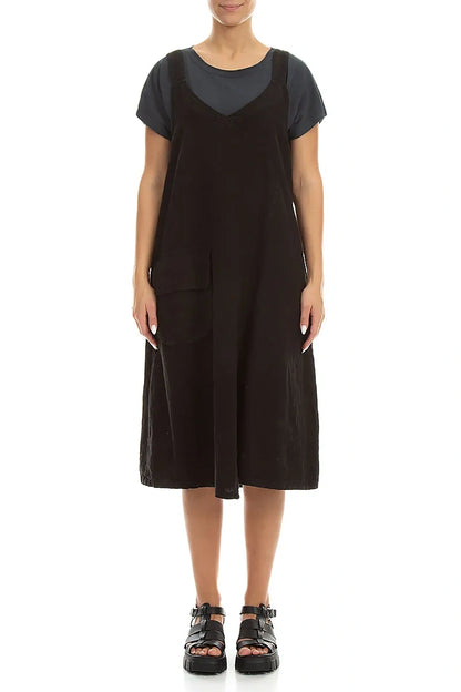 Robe chasuble en lin noir à poches latérales