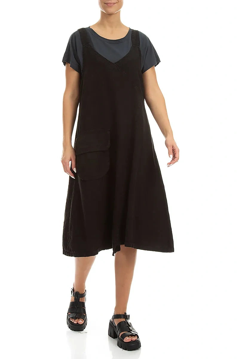 Robe chasuble en lin noir à poches latérales