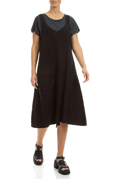 Robe chasuble en lin noir à poches latérales