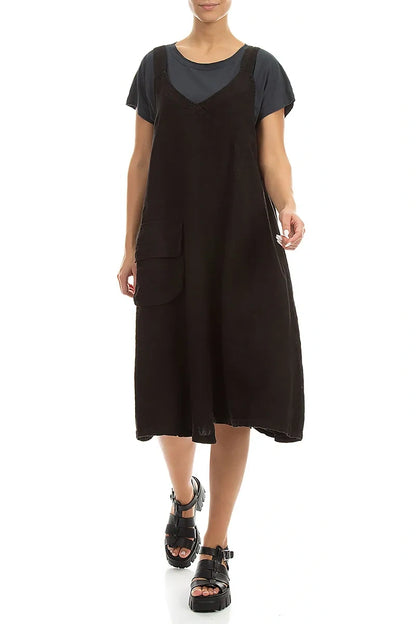 Robe chasuble en lin noir à poches latérales