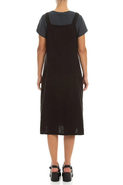 Robe chasuble en lin noir à poches latérales