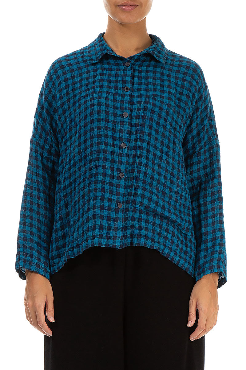 Side Pocket Blue Check Linen Shirt 1