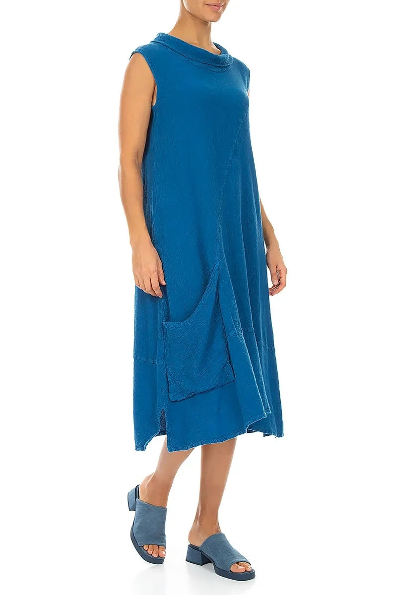 Side Pocket Cobalt Blue Linen Viscose Dress 3