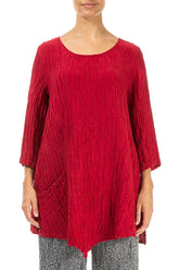 Side Pocket Crinkled Cherry Red Silk Linen Tunic 2