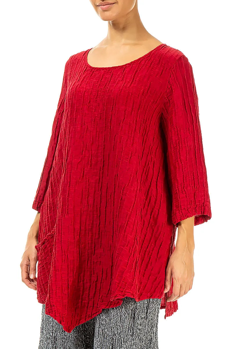 Side Pocket Crinkled Cherry Red Silk Linen Tunic 4