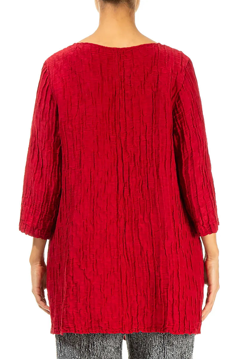 Side Pocket Crinkled Cherry Red Silk Linen Tunic 3