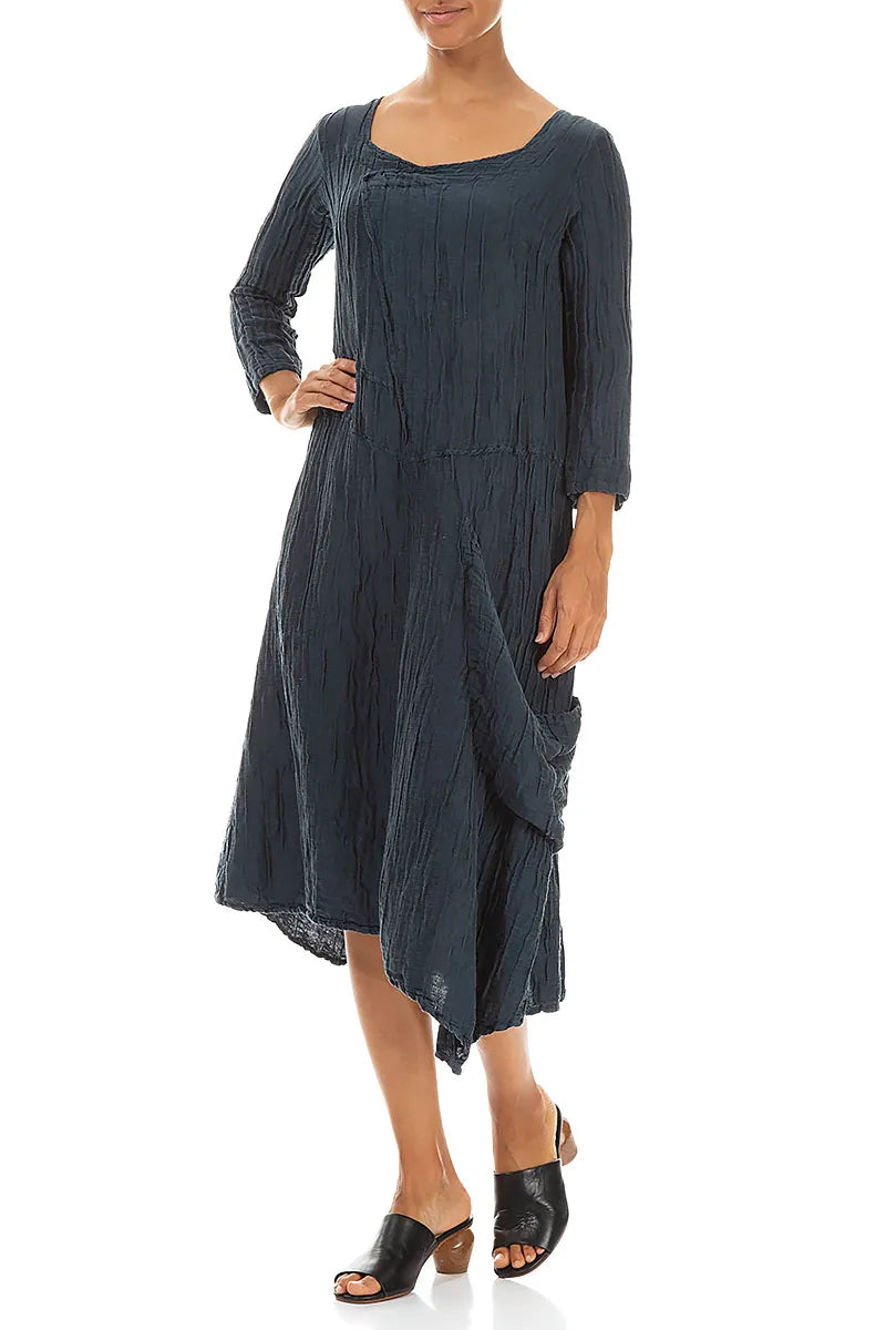 Seidencrêpe-Leinenkleid mit Seitentasche in Mitternachtsblau