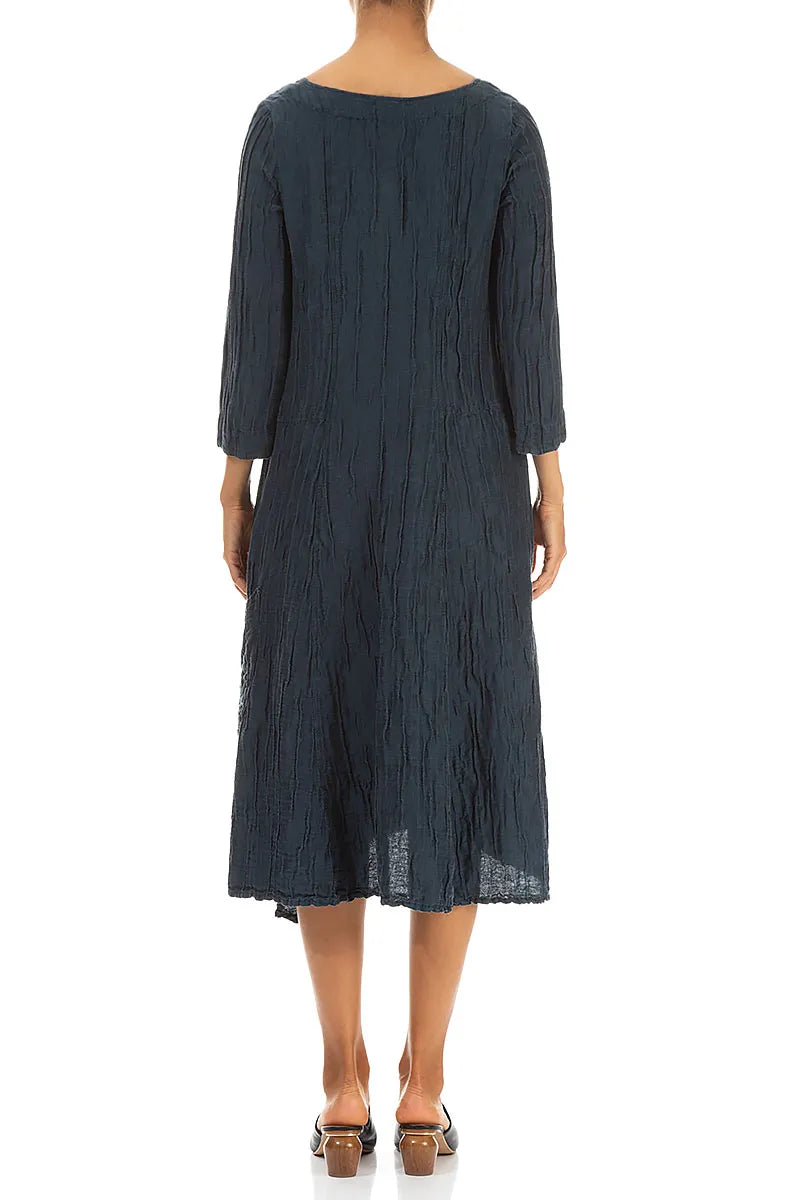 Side Pocket Crinkled Midnight Blue Silk Linen Dress 2