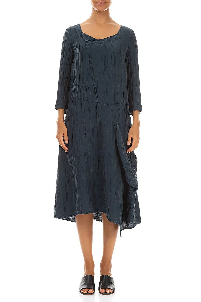 Side Pocket Crinkled Midnight Blue Silk Linen Dress 1