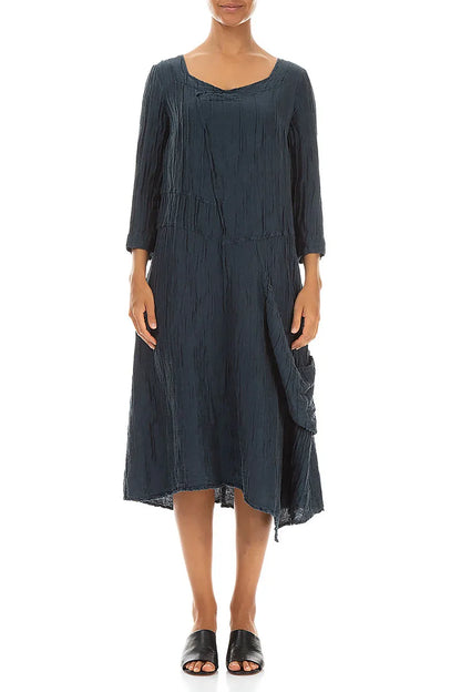 Seidencrêpe-Leinenkleid mit Seitentasche in Mitternachtsblau