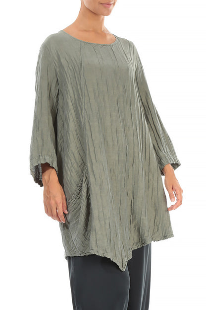 Side Pocket Crinkled Silver Sage Silk Linen Tunic 3