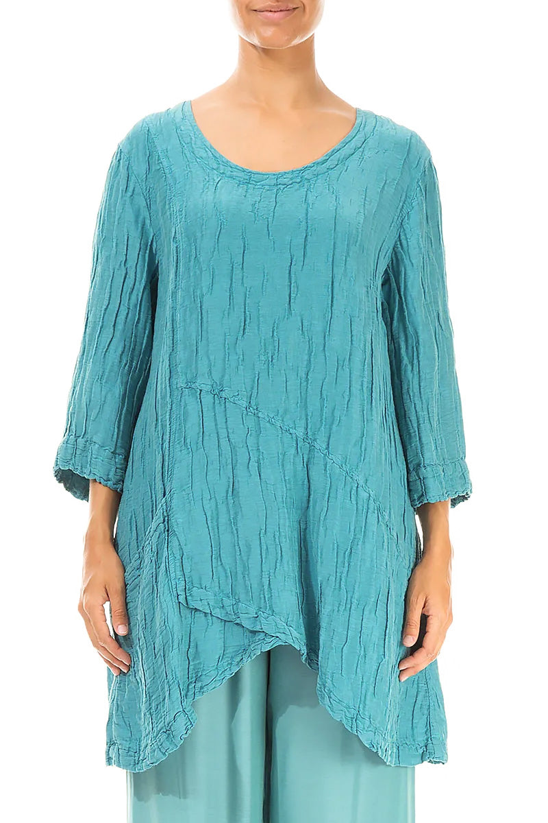 Side Pocket Crinkled Turquoise Silk Linen Tunic 1