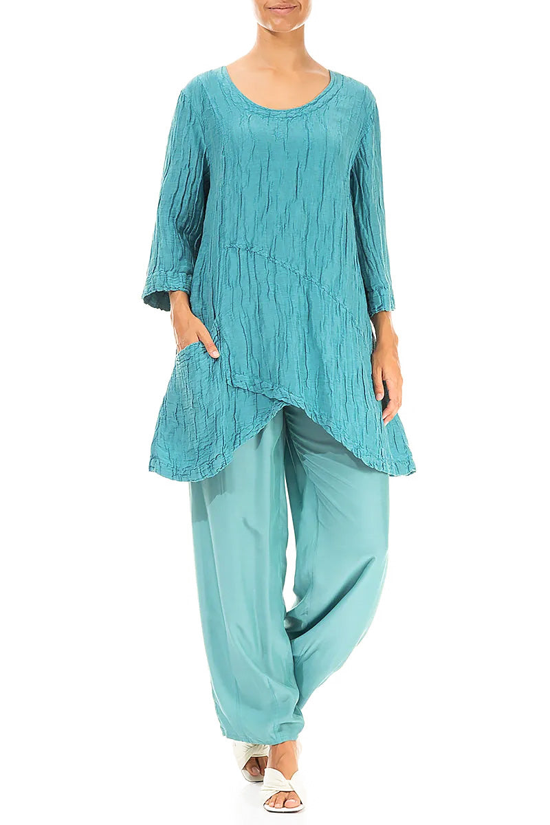 Side Pocket Crinkled Turquoise Silk Linen Tunic 4