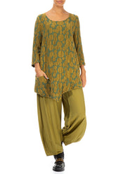 Side Pocket Golden Olive Circle Silk Linen Tunic 4
