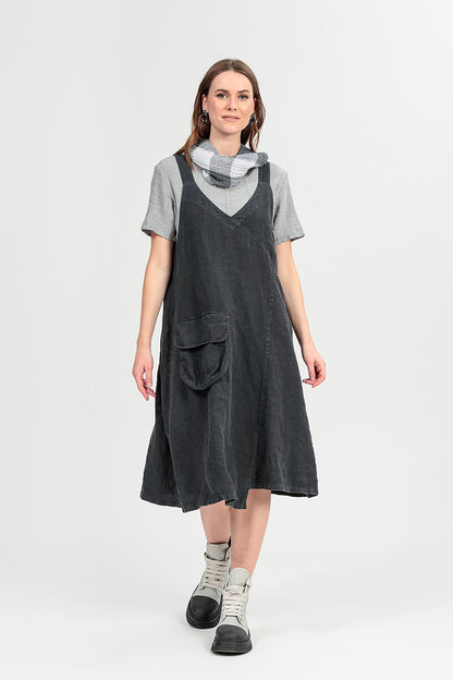 Side Pocket Graphite Linen Pinafore Dress 1