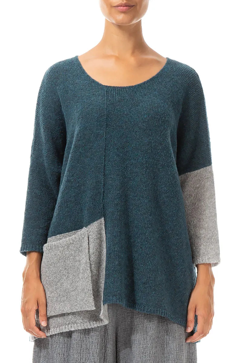 Side Pocket Light Grey &amp; Teal Wool Sweater