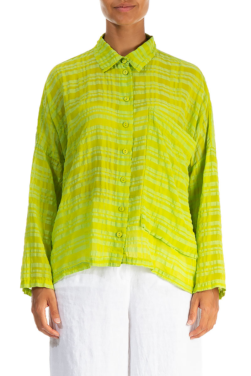 Side Pocket Lime Checkered Silk Cotton Jacket Shirt 1