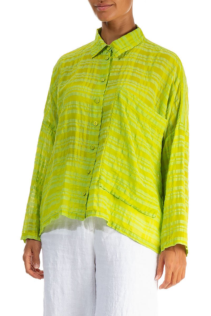 Side Pocket Lime Checkered Silk Cotton Jacket Shirt 3