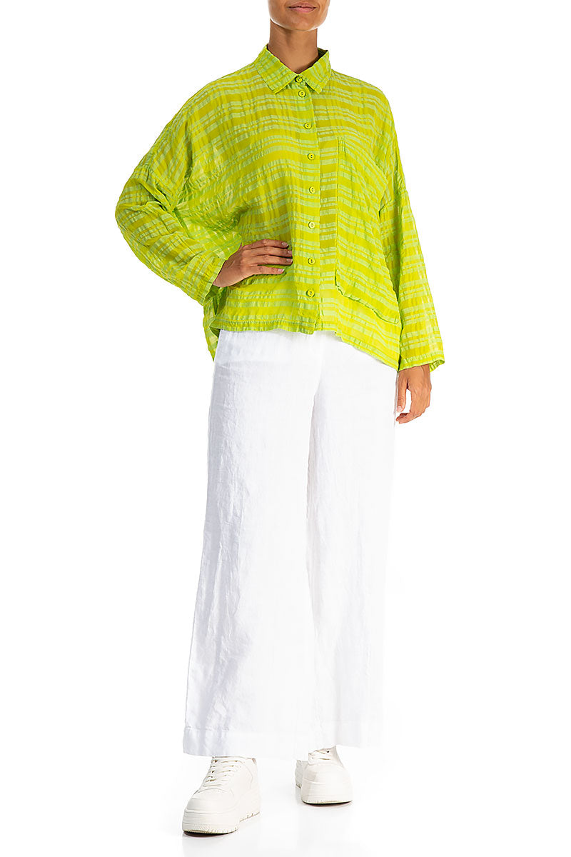 Side Pocket Lime Checkered Silk Cotton Jacket Shirt 4