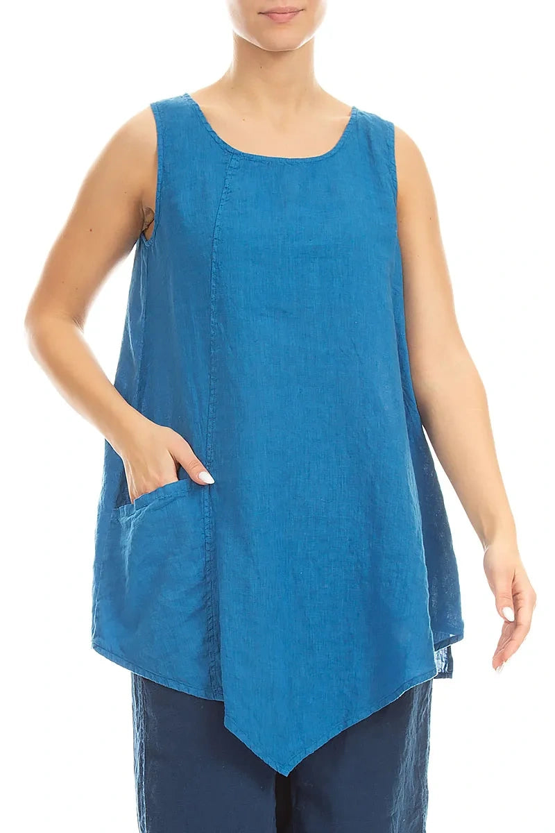 Tunique en lin bleu cobalt sans manches à poches latérales