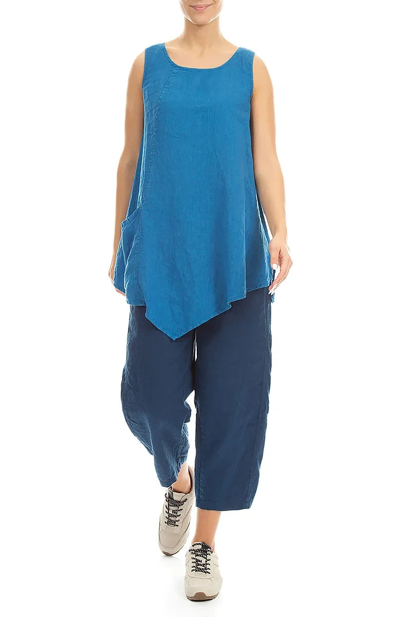 Tunique en lin bleu cobalt sans manches à poches latérales