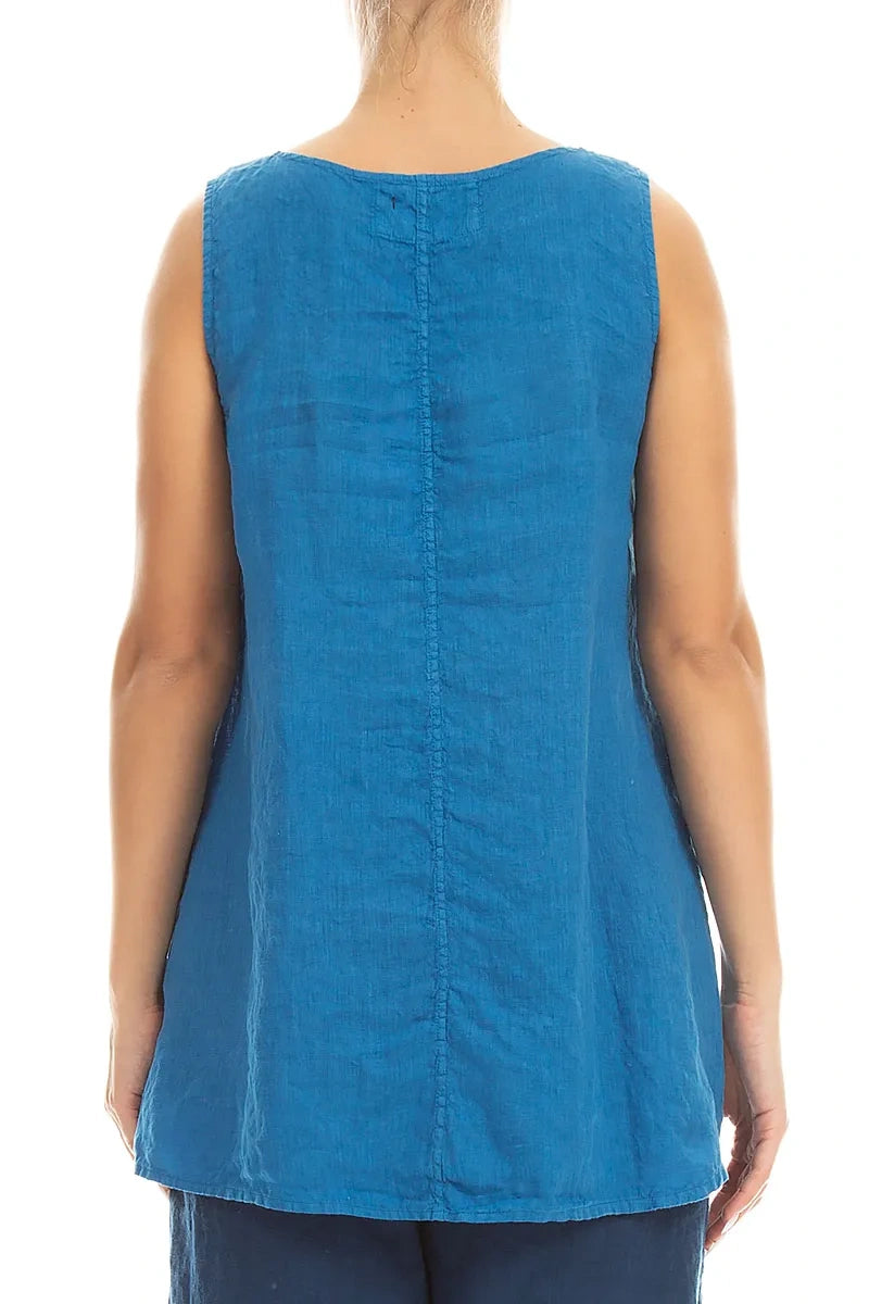 Tunique en lin bleu cobalt sans manches à poches latérales