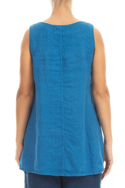 Tunique en lin bleu cobalt sans manches à poches latérales