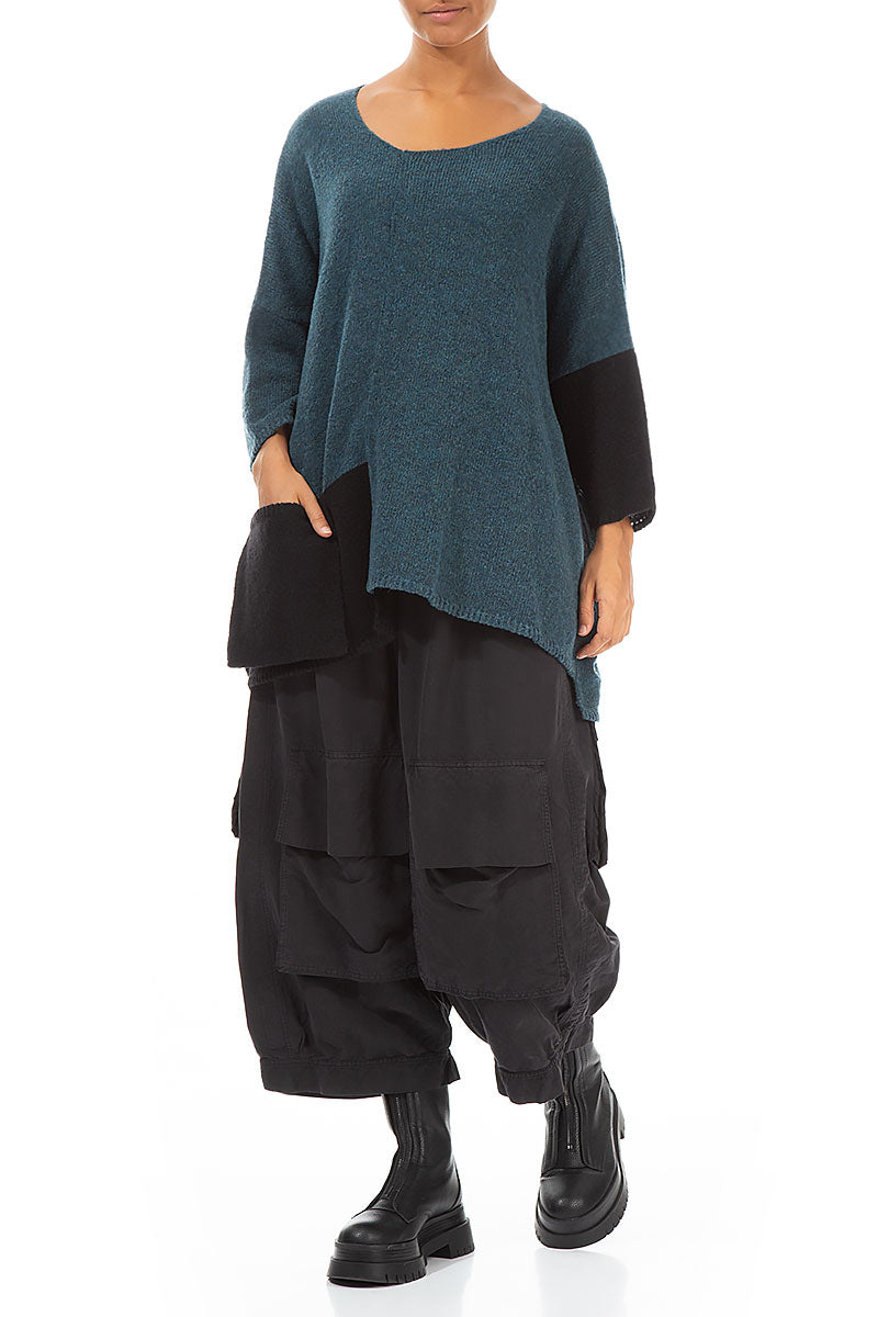 Side Pocket Teal &amp; Black Wool Sweater 4