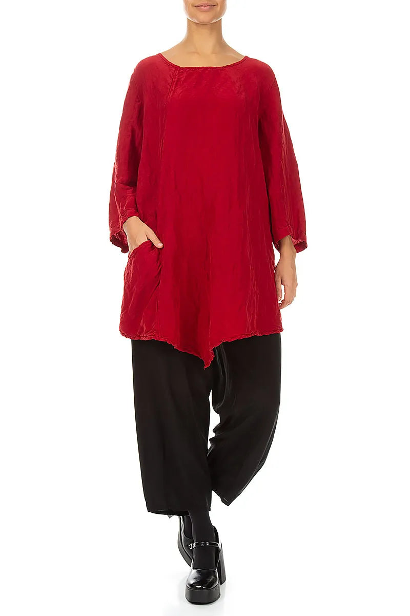 Side Pocket Textured Cherry Red Silk Linen Tunic 4