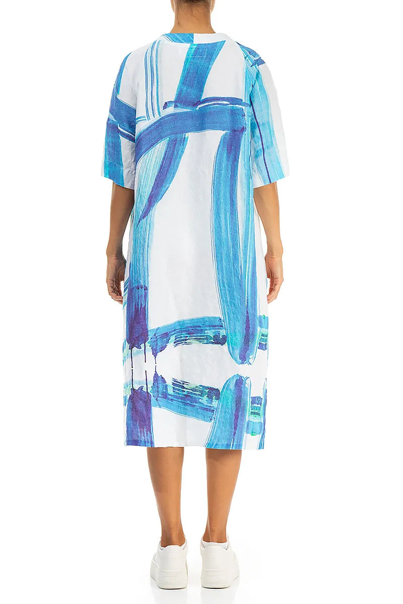 Side Pocket V-Neck Blue Brushstroke Linen Dress