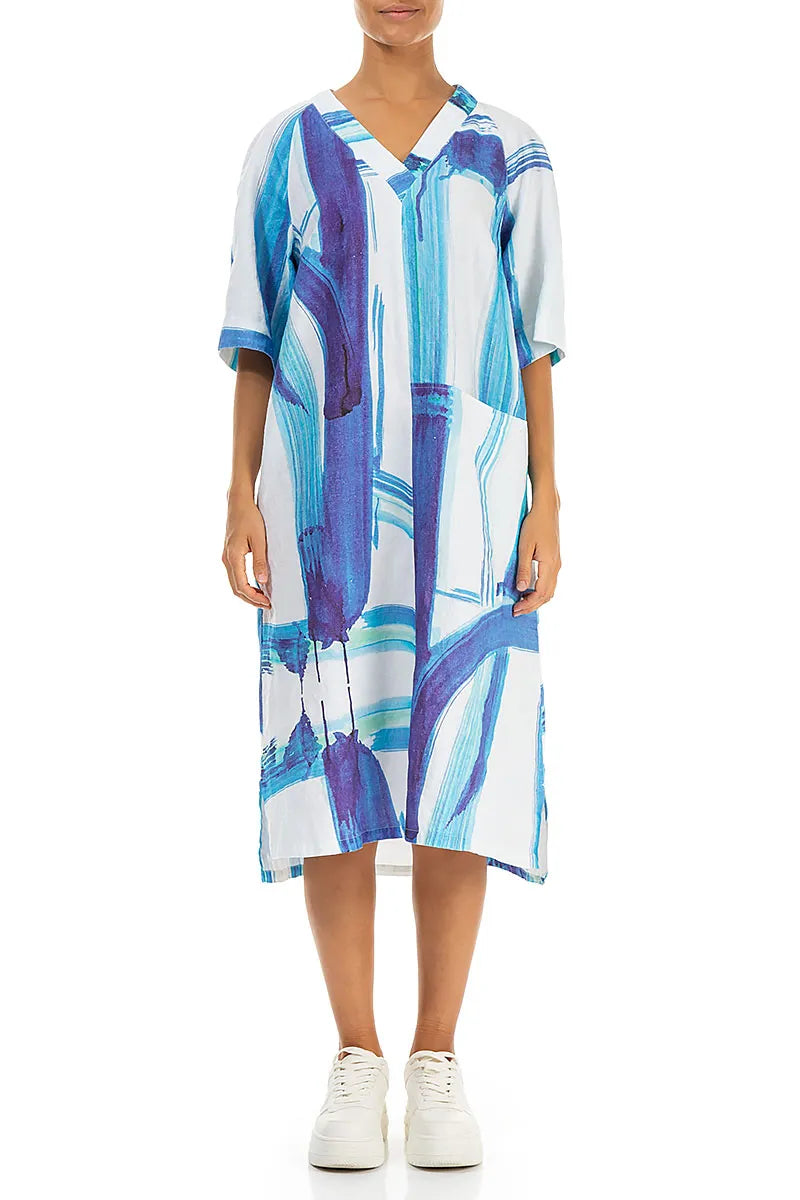 Side Pocket V-Neck Blue Brushstroke Linen Dress