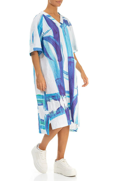 Side Pocket V-Neck Blue Brushstroke Linen Dress