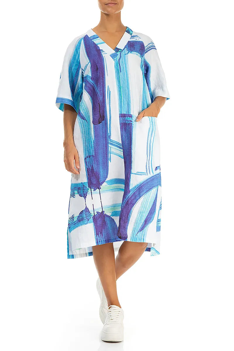 Side Pocket V-Neck Blue Brushstroke Linen Dress