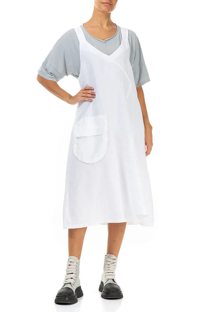 Weißes Leinen-Trägerkleid mit Seitentasche