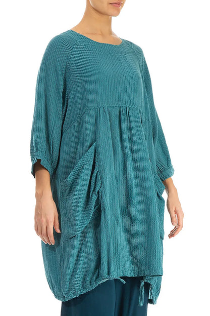 Side Pockets Green Ocean Silk Wool Tunic 3