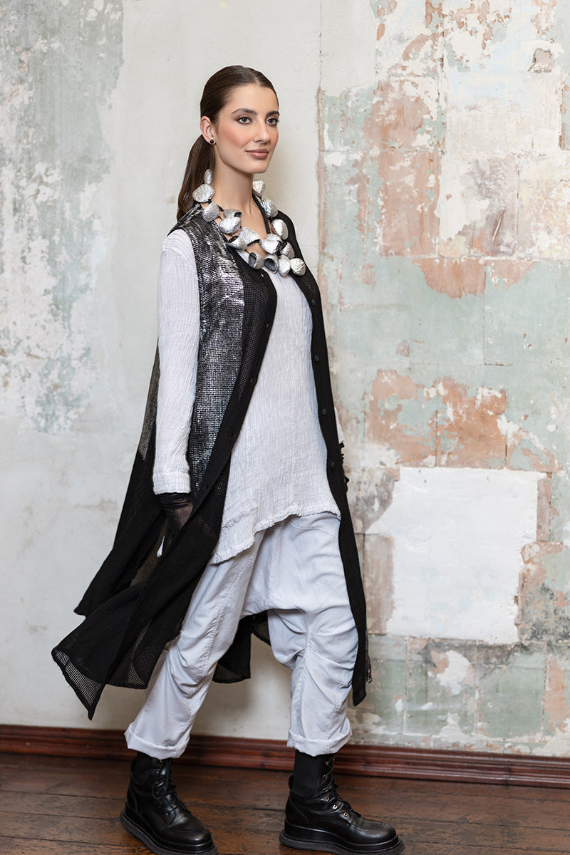 Side Pockets Pearl Grey Plissé Silk Blouse 7