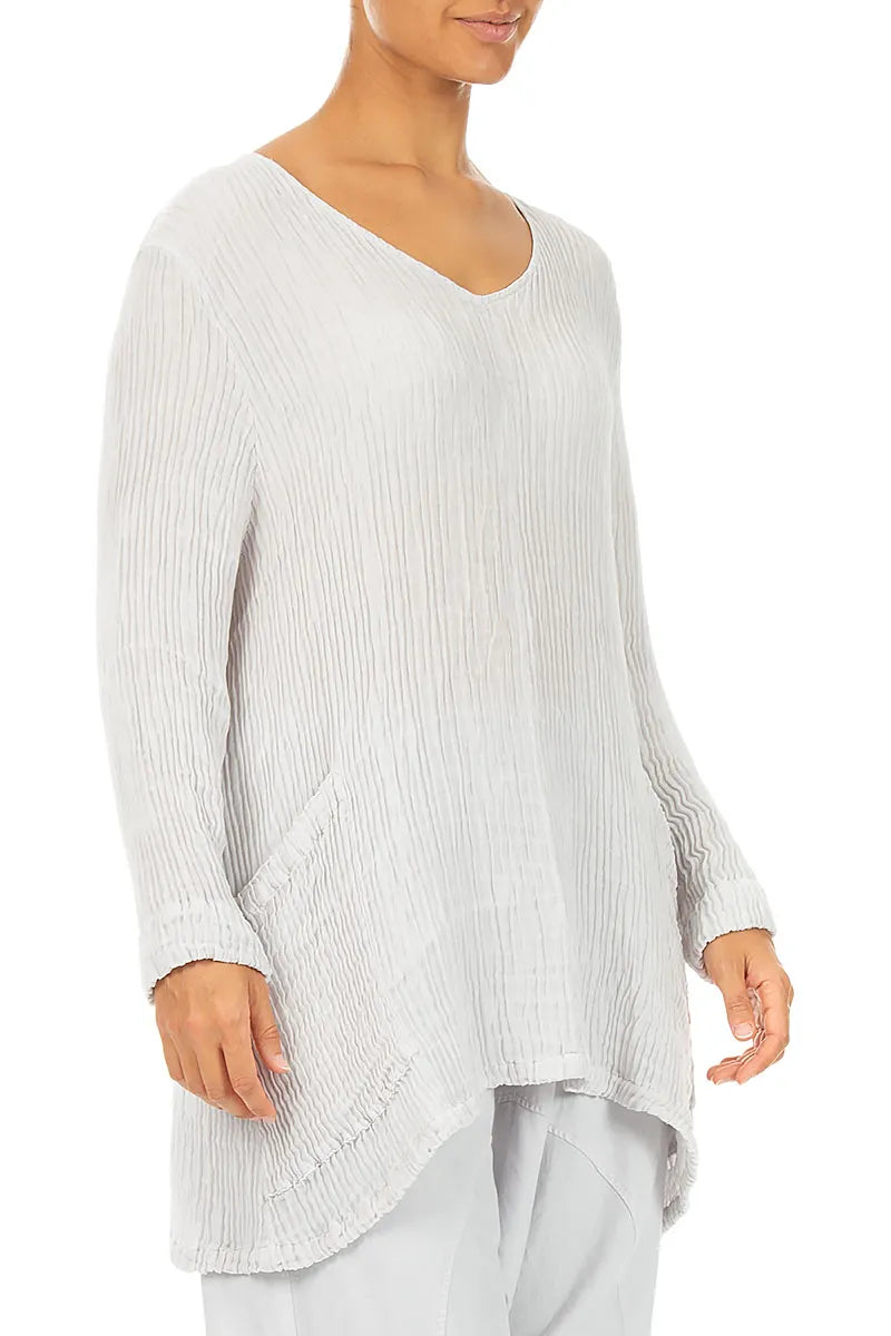 Side Pockets Pearl Grey Plissé Silk Blouse 3