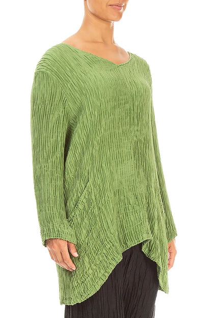 Side Pockets Shamrock Green Plissé Silk Blouse