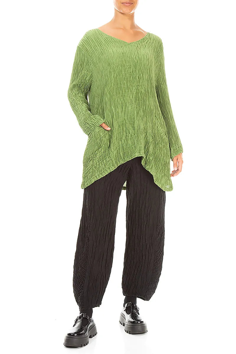Side Pockets Shamrock Green Plissé Silk Blouse 4