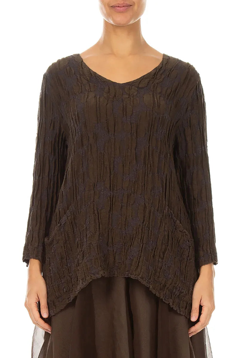 Side Pockets Truffle Brown Circle Silk Linen Blouse