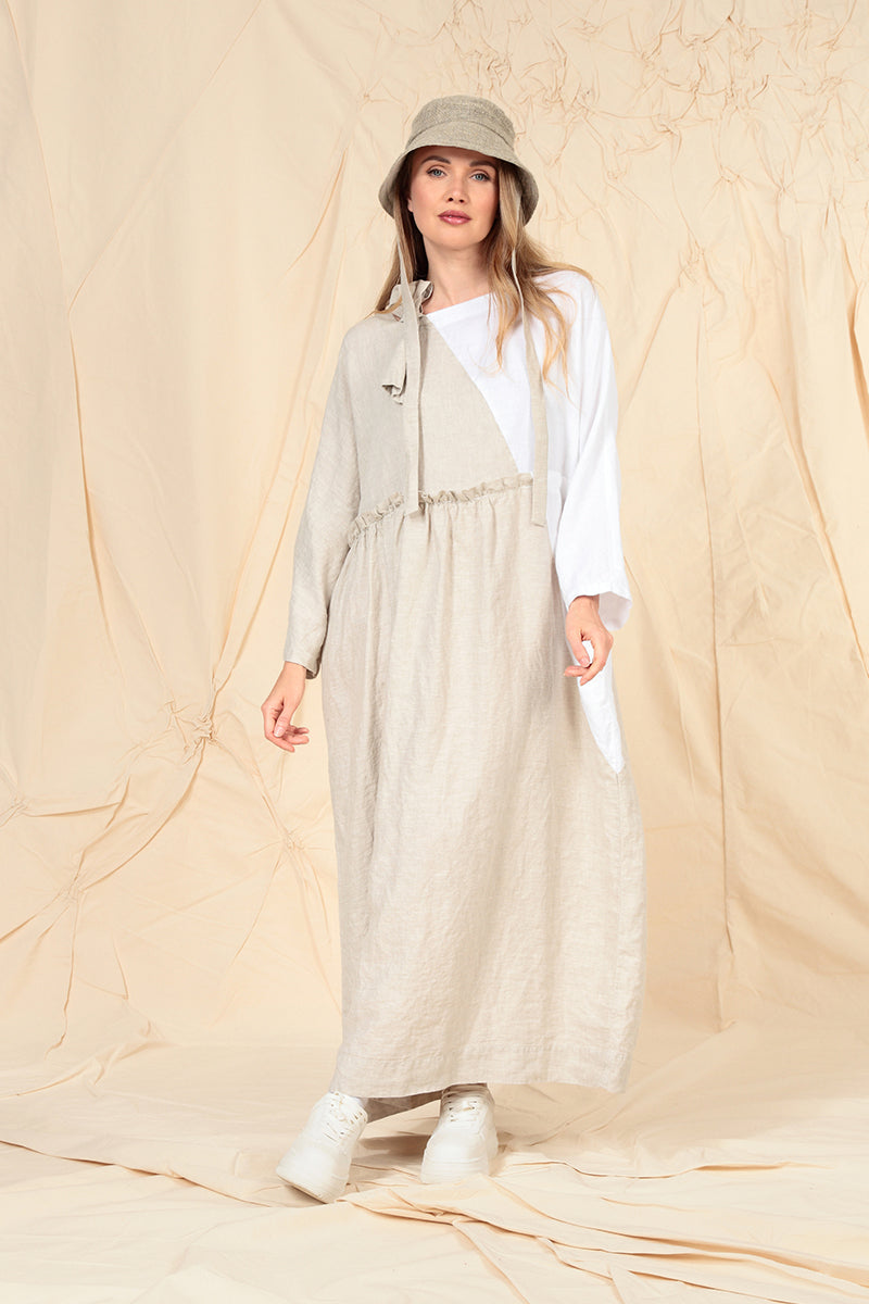 Side Ribbon Natural White Linen Dress 5