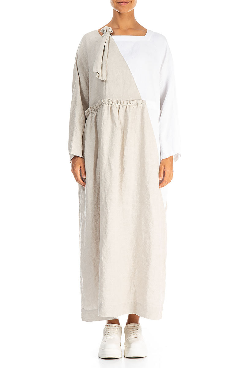 Side Ribbon Natural White Linen Dress 1
