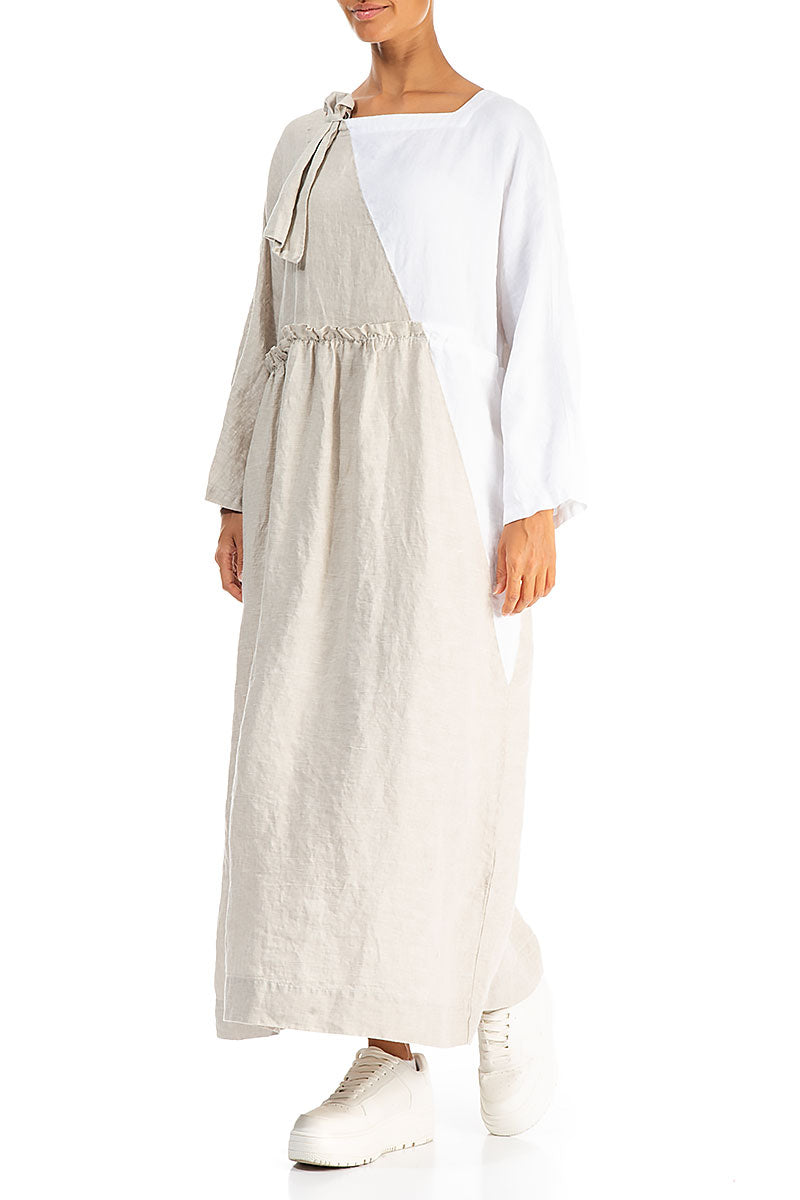 Side Ribbon Natural White Linen Dress 3