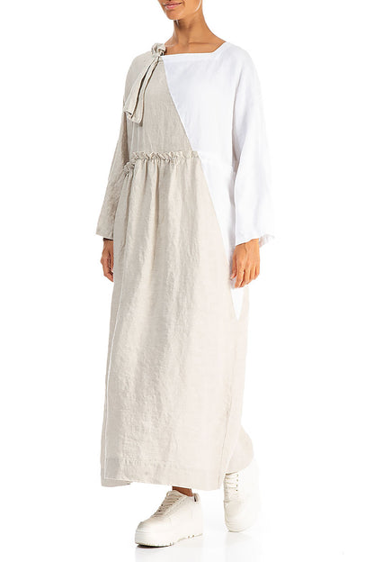 Side Ribbon Natural White Linen Dress 3