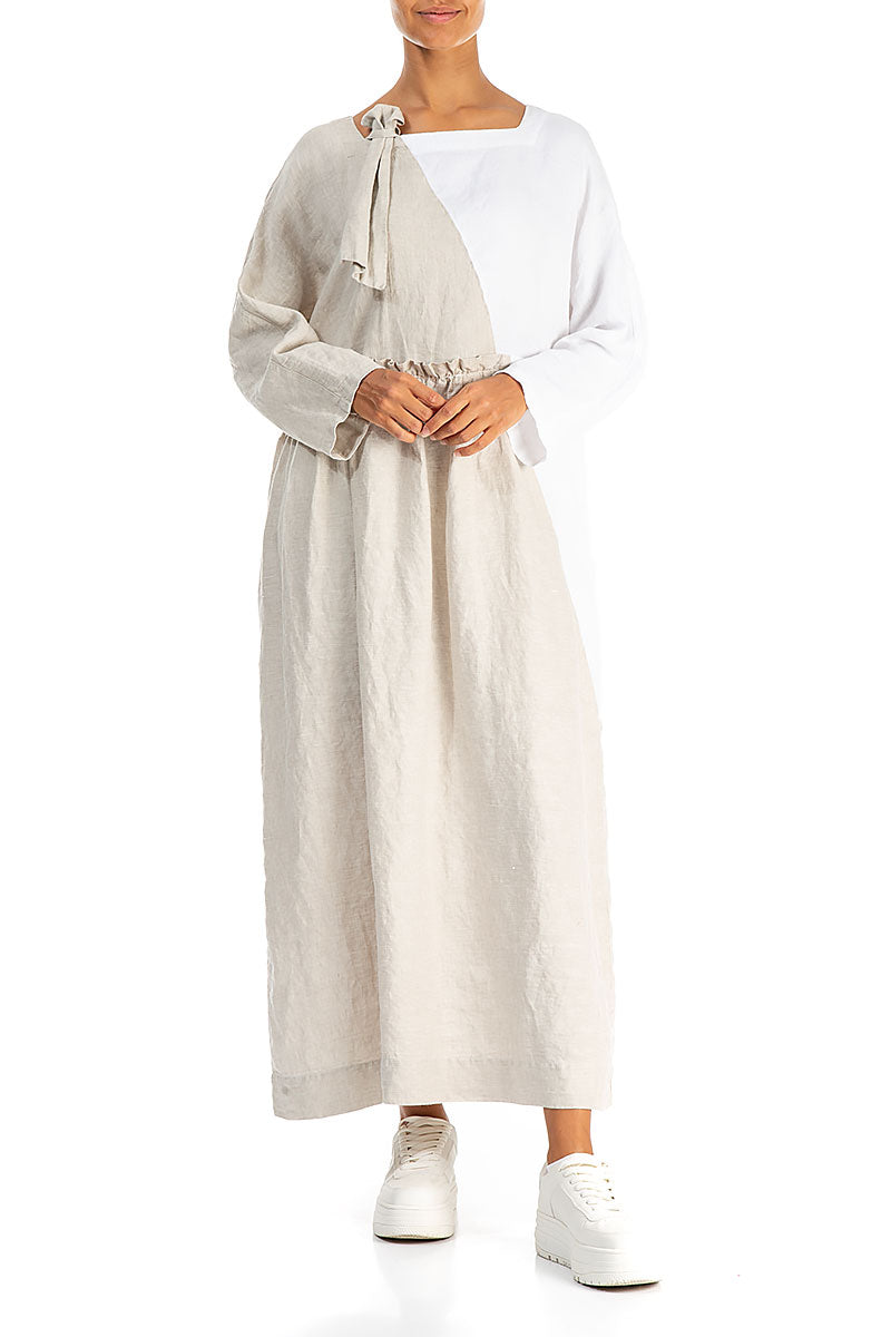Side Ribbon Natural White Linen Dress 4
